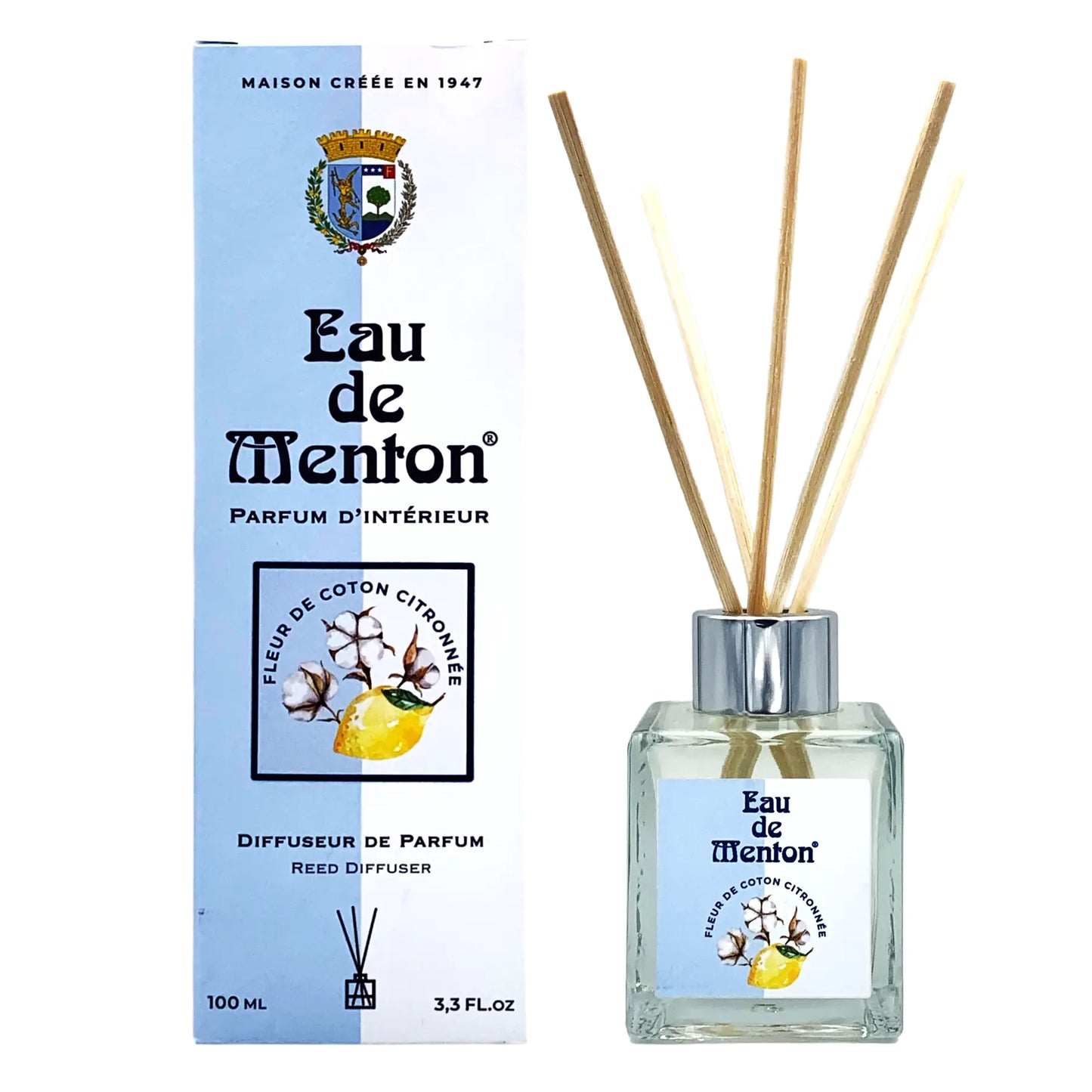 Eau de Menton - Diffuseur 100 ml avec bâtonnets - Fleur de Coton Citronnée
